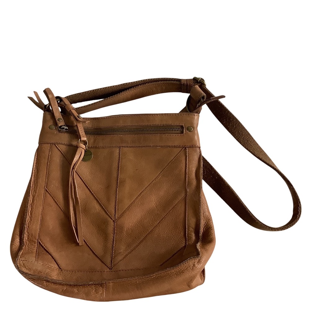 Lucky Brand Cognac Brown Leather Chevron Crossbody Bag Adjustable Strap